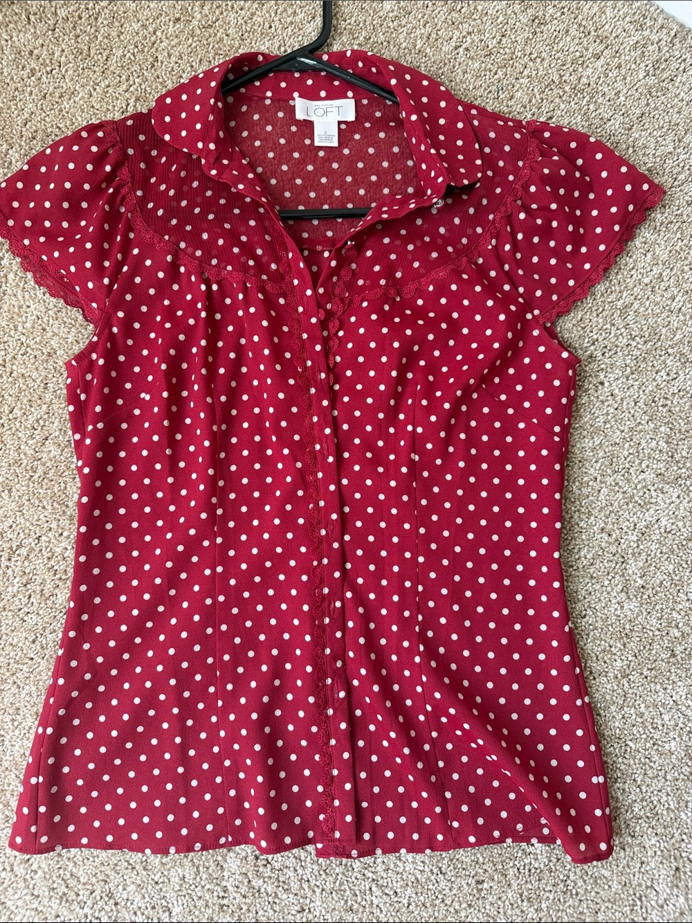 LOFT Red Polka Dot Cap-Sleeve Blouse